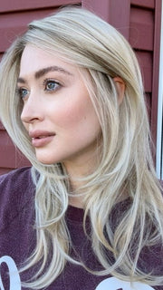 Steph @wigswithsteph wearing BEVERLY HILLS by BELLETRESS in color CRUSHED ALMOND BLONDE R | A soft Neutral Light Blonde with a Light and Medium Blended Root Color.