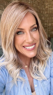 Kristyna Moore @kristynamoore wearing DIVA by ELLEN WILLE in color CANDY-BLONDE-ROOTED 101.27.60 | Dark Strawberry Blonde Tipped with Pearl Platinum & Pearl White with Dark Shaded Roots