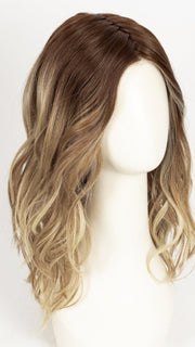 RL8/24OM | Medium brown blended roots that transition into a golden blonde ombré from midlength to the ends