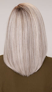Roxie wearing DAVINA by RENE OF PARIS in SLATE-CHOCOLATE-SPLIT | Grey base with Chunky Chocolate, Pale, Mid-Gray Highlights, and a Rich Chocolate Root
