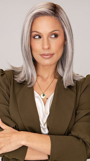 Roxie wearing DAVINA by RENE OF PARIS in SLATE-CHOCOLATE-SPLIT | Grey base with Chunky Chocolate, Pale, Mid-Gray Highlights, and a Rich Chocolate Root