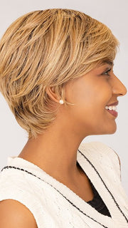 Sophia wearing CHARLOTTE by RENE OF PARIS in color CINDER-TOFFEE | Blonde blended with Toffee, Burnt Toffee, Fudge Blonde, Milk Chocolate, and Deep Golden Blonde Tones