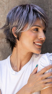 Roxie wearing SKY by ELLEN WILLE in METALLIC PURPLE ROOTED | Pearl Platinum and Pure White with Black and Purple Blended throughout with Shaded Roots