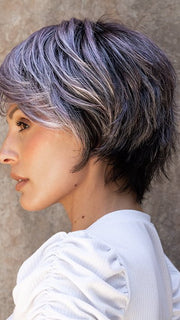 Roxie wearing SKY by ELLEN WILLE in METALLIC PURPLE ROOTED | Pearl Platinum and Pure White with Black and Purple Blended throughout with Shaded Roots