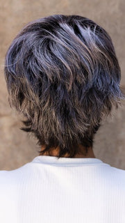 Roxie wearing SKY by ELLEN WILLE in METALLIC PURPLE ROOTED | Pearl Platinum and Pure White with Black and Purple Blended throughout with Shaded Roots