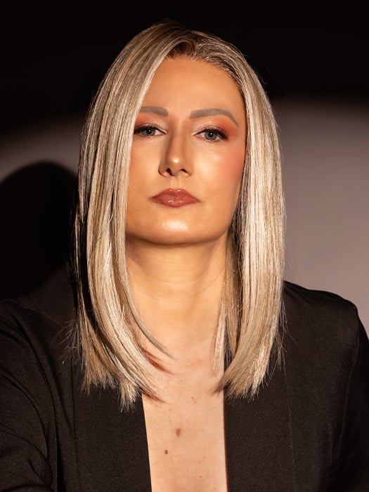 Tanya, model, wearing DRIVE by ELLEN WILLE in color PEARL BLONDE ROOTED 101.24.20 | Pearl Platinum, Dark Ash Blonde, and Medium Honey Blonde Mix 