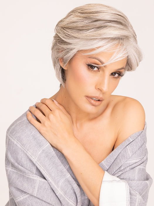 Roxie wearing MONOLOGUE by RAQUEL WELCH in RL51/61 ICED GRANITA | Lightest Grey Progresses to a Deep Grey at the Nape