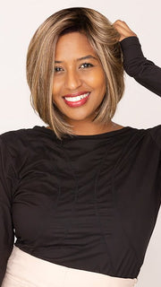 Sophia wearing AMARA by KIM KIMBLE in MC11SS BUTTER PECAN | Medium Brown with Golden Blonde Highlights