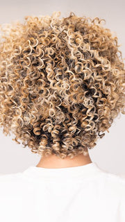Roxie wearing ZAHRA by KIM KIMBLE in MC9/14SS CARAMEL LATTE | Caramel Blonde blended with a Darker Root