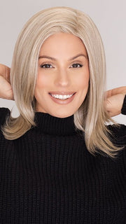 Roxie wearing RIVER by RENE OF PARIS in CREAMY-BLOND | Platinum and Light Gold Blonde evenly blended