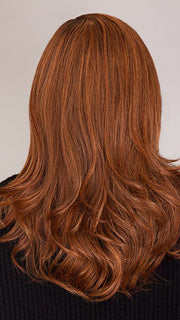 Roxie wearing LEONI by RENE OF PARIS in color AUTUMN SUNRISE | Neutral Medium-Brown Tone, softly blended with Light Ash Blond.