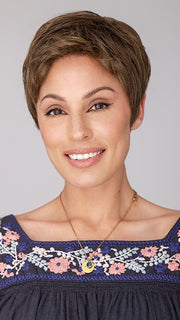 Roxie wearing STRAIGHT CHIC by RAQUEL WELCH in RL10/12 SUNLIT CHESTNUT | Light Chestnut Brown Evenly Blended with Light Brown