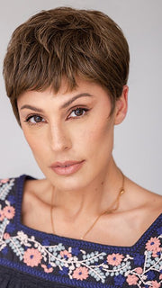 Roxie wearing STRAIGHT CHIC by RAQUEL WELCH in RL10/12 SUNLIT CHESTNUT | Light Chestnut Brown Evenly Blended with Light Brown