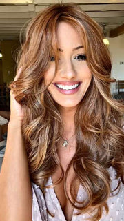 Jenna @jenna_fail wearing MODEL MODE by RAQUEL WELCH WIGS in color RL29/33SS ICED PUMPKIN SPICE | Strawberry Blonde Shaded with Dark Red-Brown
