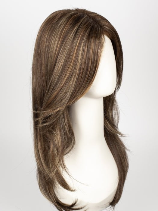 ALMOND ROCKA R | Rooted Dark Golden Brown base color with Strawberry Blonde and Bright Cooper evenly blended highlights