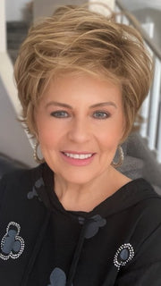 Donna @style.me.ageless wearing RELAX by ELLEN WILLE in color TOBACCO ROOTED 8.27.26 | Medium Brown, Dark Strawberry Blonde, and Light Golden Blonde Blend with Shaded Roots