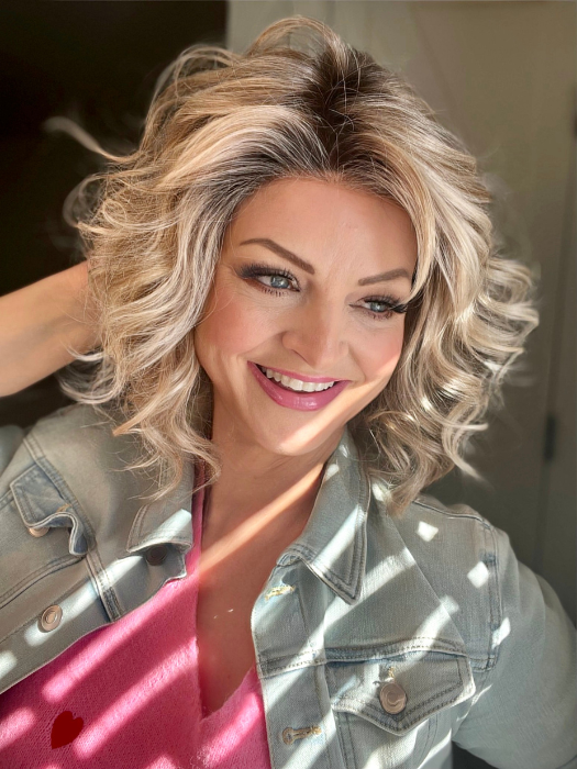 Sandy Holston @i_be_wiggin wearing ECLAT by ELLEN WILLE in color PEARL-BLONDE-ROOTED 101.16.1001 | Pearl Platinum, Dark Ash Blonde, and Medium Honey Blonde mix