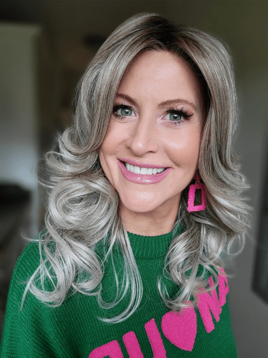 Natalie Gray @vanish.into.thin.hair wearing MON AMOUR by BELLETRESS in color COOKIES N CREAM BLONDE | Light, Pearl, and Pure Ash Blonde with Light and Medium Brown Roots