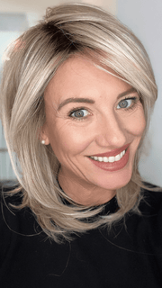 Jenny B. @thewiggygirl wearing LUNA by ELLEN WILLE in color LIGHT-CHAMPAGNE-SHADED 101.23.20 | Lightest Neutral Blonde with Light Blonde and Silver White blend with light shaded roots