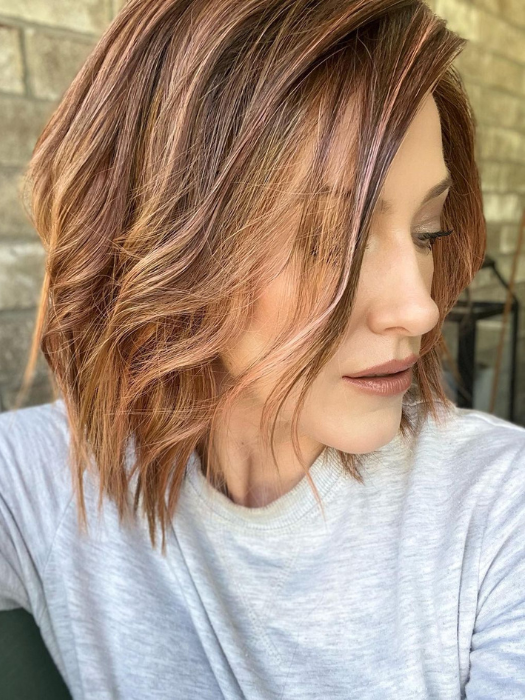 Kristyna Moore @kristynamoore wearing DELIGHT by ELLEN WILLE in color ROSEWOOD ROOTED | Medium Brown, Caramel, and Rose Gold blend with Shaded Roots and has been straightened at the ends