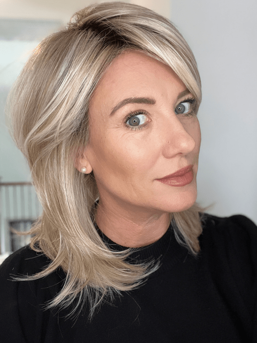 Jenny B. @thewiggygirl wearing LUNA by ELLEN WILLE in color LIGHT-CHAMPAGNE-SHADED 101.23.20 | Lightest Neutral Blonde with Light Blonde and Silver White blend with light shaded roots