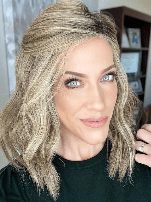 Kristyna Moore @kristynamoore wearing BIG SPENDER by RAQUEL WELCH WIGS in color RL12/22SS SHADED CAPPUCCINO | Light Golden Brown Evenly Blended with Cool Platinum Blonde Highlights with Dark Roots