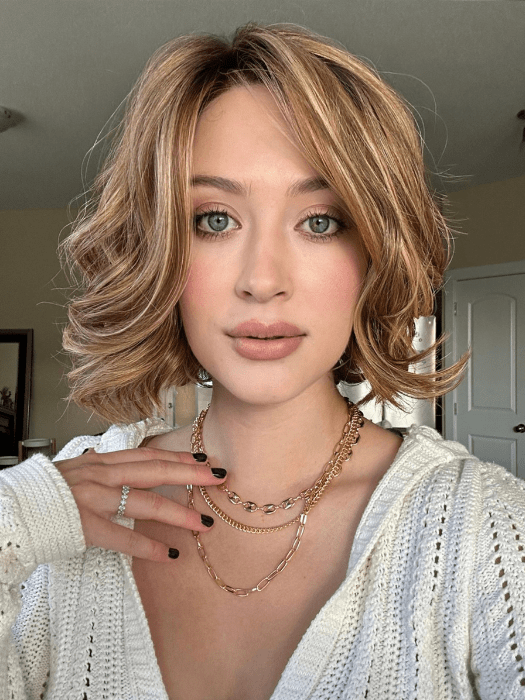 Steph B. @wigswithsteph wearing STELLA by ELLEN WILLE in color BERNSTEIN-MULTI-SHADED 12.26.27 | Lightest Brown and Light Golden Blonde blend with Dark Strawberry Blonde Highlights and Shaded Roots