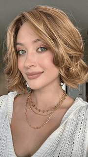 Steph B. @wigswithsteph wearing STELLA by ELLEN WILLE in color BERNSTEIN-MULTI-SHADED 12.26.27 | Lightest Brown and Light Golden Blonde blend with Dark Strawberry Blonde Highlights and Shaded Roots