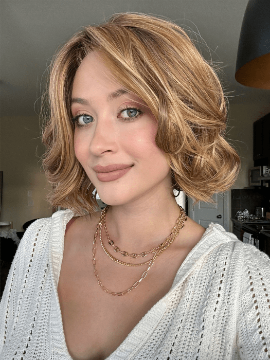 Steph B. @wigswithsteph wearing STELLA by ELLEN WILLE in color BERNSTEIN-MULTI-SHADED 12.26.27 | Lightest Brown and Light Golden Blonde blend with Dark Strawberry Blonde Highlights and Shaded Roots