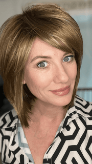Jenny B. @thewiggygirl wearing CAMERON by RENE OF PARIS in color MAPLE-SUGAR-R | Light-Medium Brown Base with Warm Medium Blonde Highlights and Dark Brown Roots