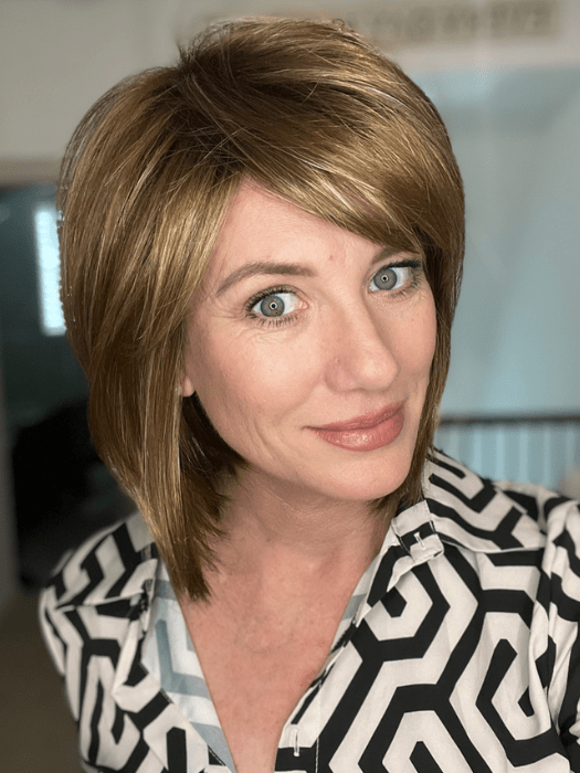 Jenny B. @thewiggygirl wearing CAMERON by RENE OF PARIS in color MAPLE-SUGAR-R | Light-Medium Brown Base with Warm Medium Blonde Highlights and Dark Brown Roots