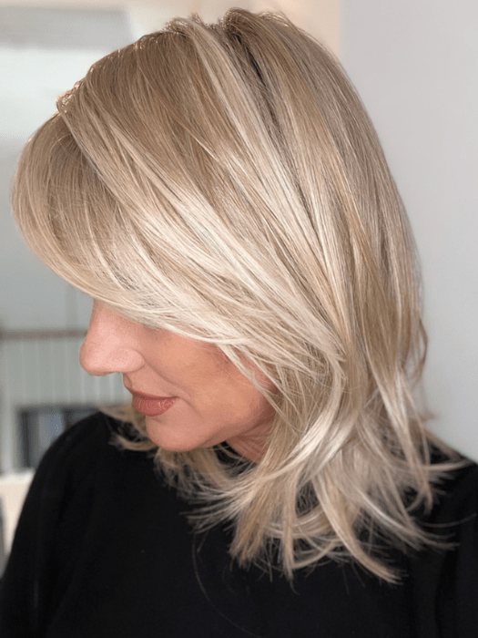 Jenny B. @thewiggygirl wearing LUNA by ELLEN WILLE in color LIGHT-CHAMPAGNE-SHADED 101.23.20 | Lightest Neutral Blonde with Light Blonde and Silver White blend with light shaded roots
