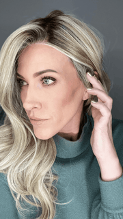 Kristyna Moore @kristynamoore wearing STATEMENT STYLE by RAQUEL WELCH WIGS in color RL19/23SS SS BISCUIT | Light Ash Blonde Evenly Blended with Cool Platinum Blonde with Dark Roots