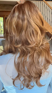 Susan @an_affair_with_hair wearing ADRIANA by JON RENAU in color FS27 STRAWBERRY SYRUP | Medium Red-Gold Blonde with Gold Blonde Bold Highlights