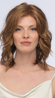 Model is wearing AERI by Estetica in color R30/28/26 | Medium Auburn/Light Auburn/Golden Blonde Blend