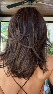 Jenna Fail @jenna_fail wearing ALASIA by ELLEN WILLE in color DARK CHOCOLATE SHADED 6.4.30 | Dark Brown, Darkest Brown, and Light Auburn Blend with Shaded Roots