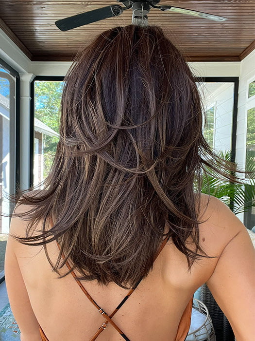 Jenna Fail @jenna_fail wearing ALASIA by ELLEN WILLE in color DARK CHOCOLATE SHADED 6.4.30 | Dark Brown, Darkest Brown, and Light Auburn Blend with Shaded Roots