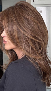 Crystal @crystallhoneycutt wearing ALASIA by BELLE TRESS in color CHOCOLATE SHADED 830.6.27 | Dark and Medium Brown Blended with Light Auburn Brown and Dark Strawberry Blonde with Shaded Roots