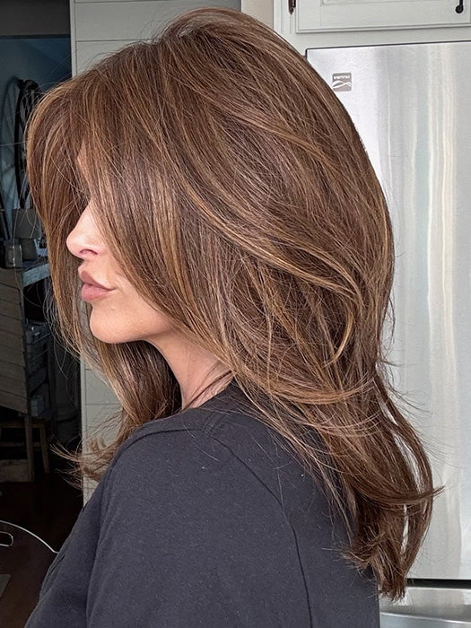 Crystal @crystallhoneycutt wearing ALASIA by BELLE TRESS in color CHOCOLATE SHADED 830.6.27 | Dark and Medium Brown Blended with Light Auburn Brown and Dark Strawberry Blonde with Shaded Roots