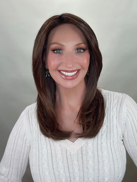 Kim Hammon @letstalkwithkim wearing ALASIA by ELLEN WILLE in color CHOCOLATE MULTI SHADED | 33.27.6 Dark Auburn and Dark Strawberry Blonde with Dark Brown Blend with Shaded Roots