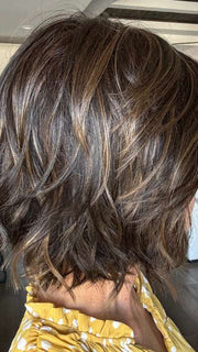 Lisa Mullins @beautifulyouwigreviews wearing Alicante by BelleTress in shade TRIPLE CHOCOLATE R | A subtle Cappucino root Color and a blend of Medium Ash Brown mixed with a slight warmth of Rich Chocolate