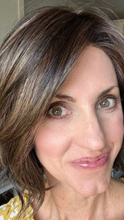 Lisa Mullins @beautifulyouwigreviews wearing Alicante by BelleTress in shade TRIPLE CHOCOLATE R | A subtle Cappucino root Color and a blend of Medium Ash Brown mixed with a slight warmth of Rich Chocolate