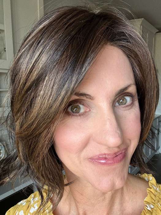 Lisa Mullins @beautifulyouwigreviews wearing Alicante by BelleTress in shade TRIPLE CHOCOLATE R | A subtle Cappucino root Color and a blend of Medium Ash Brown mixed with a slight warmth of Rich Chocolate