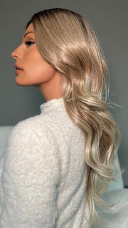 MELTED-MARSHMALLOW | Subtly Warm Dark Sandy Blonde Blend with Medium Brown Roots and Light Ash Blonde Tips and Highlights