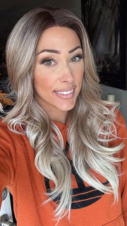 Nichole Corbett @nicholealee wearing ALLURE WAVEZ by RENE OF PARIS in color MELTED-MARSHMALLOW | Subtly Warm Dark Sandy Blonde Blend with Medium Brown Roots and Light Ash Blonde Tips and Highlights