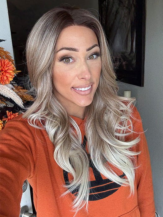 Nichole Corbett @nicholealee wearing ALLURE WAVEZ by RENE OF PARIS in color MELTED-MARSHMALLOW | Subtly Warm Dark Sandy Blonde Blend with Medium Brown Roots and Light Ash Blonde Tips and Highlights