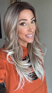 Nichole Corbett @nicholealee wearing ALLURE WAVEZ by RENE OF PARIS in color MELTED-MARSHMALLOW | Subtly Warm Dark Sandy Blonde Blend with Medium Brown Roots and Light Ash Blonde Tips and Highlights