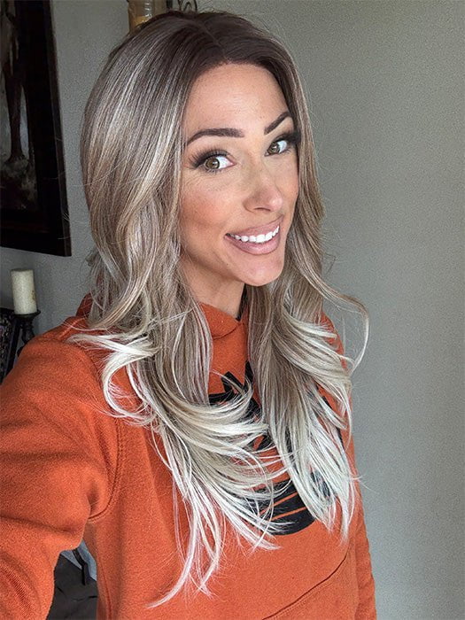 Nichole Corbett @nicholealee wearing ALLURE WAVEZ by RENE OF PARIS in color MELTED-MARSHMALLOW | Subtly Warm Dark Sandy Blonde Blend with Medium Brown Roots and Light Ash Blonde Tips and Highlights