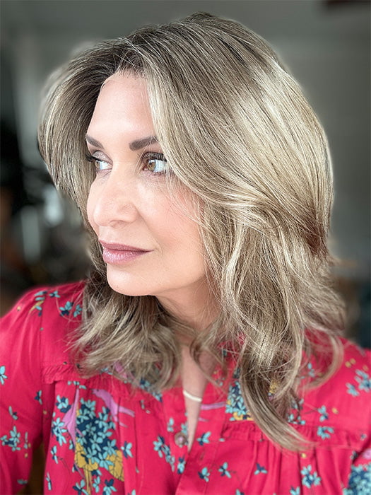 Emily H. @she_sheds_more wearing AMANDA by ENVY in color GOLDEN SANDSTONE | Creamy Beige-Blonde with Darker Brown Roots