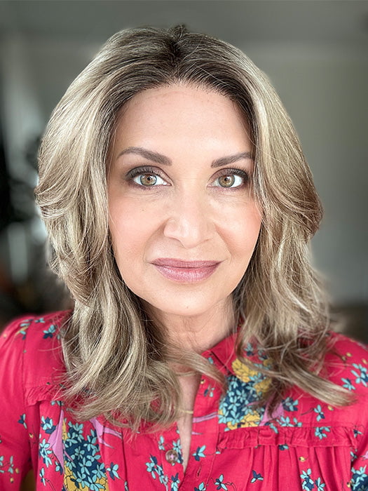 Emily H. @she_sheds_more wearing AMANDA by ENVY in color GOLDEN SANDSTONE | Creamy Beige-Blonde with Darker Brown Roots